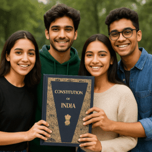 Gen Z holding Constitution of India at a Shail-Satya Foundation awareness event
