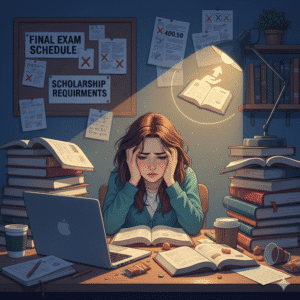 Stressed Indian student surrounded by books and exam papers — balancing academics and mental health