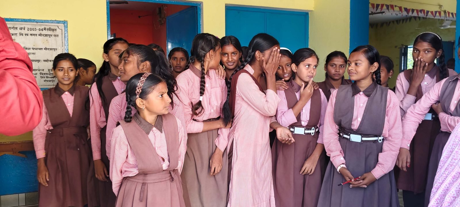 Students gathered in the school verandah