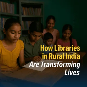 Children reading in a rural community library supported by Shail-Satya Foundation, promoting education in rural India through books and learning spaces.