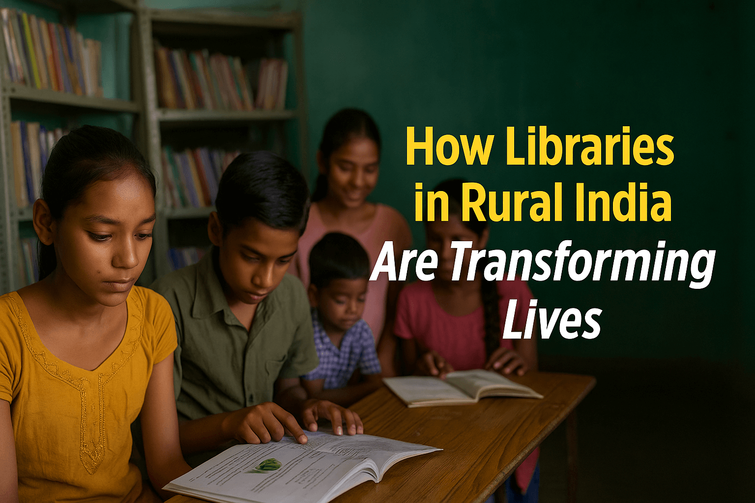 Children reading in a rural community library supported by Shail-Satya Foundation, promoting education in rural India.