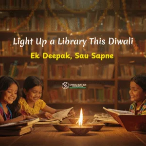 Children reading books in a warmly lit library decorated with diyas and lights during Diwali, part of Shail-Satya Foundation’s Light Up a Library — Ek Deepak, Sau Sapne campaign.