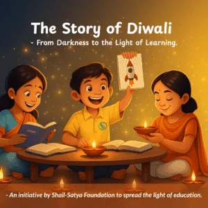 Diwali diya glowing beside an open book, symbolizing light, knowledge, and education through Shail-Satya Foundation’s mission.