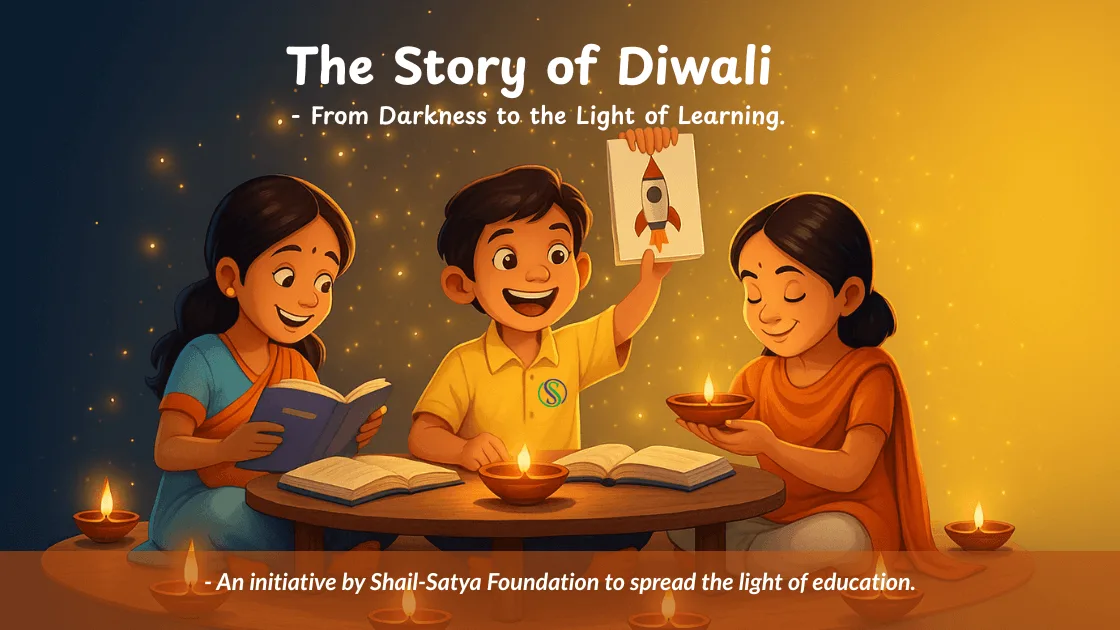 The Story of Diwali — From Darkness to the Light of Learning Young girl lighting a Diya symbolizing the Story of Diwali and the light of learning supported by Shail-Satya Foundation