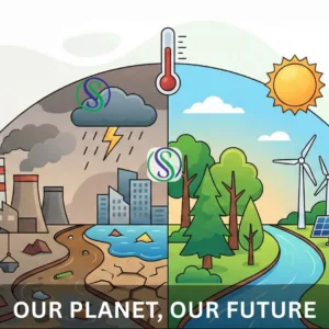 Illustration showing damaged and healthy environments side by side, highlighting the importance of the environment by Shail-Satya Foundation.