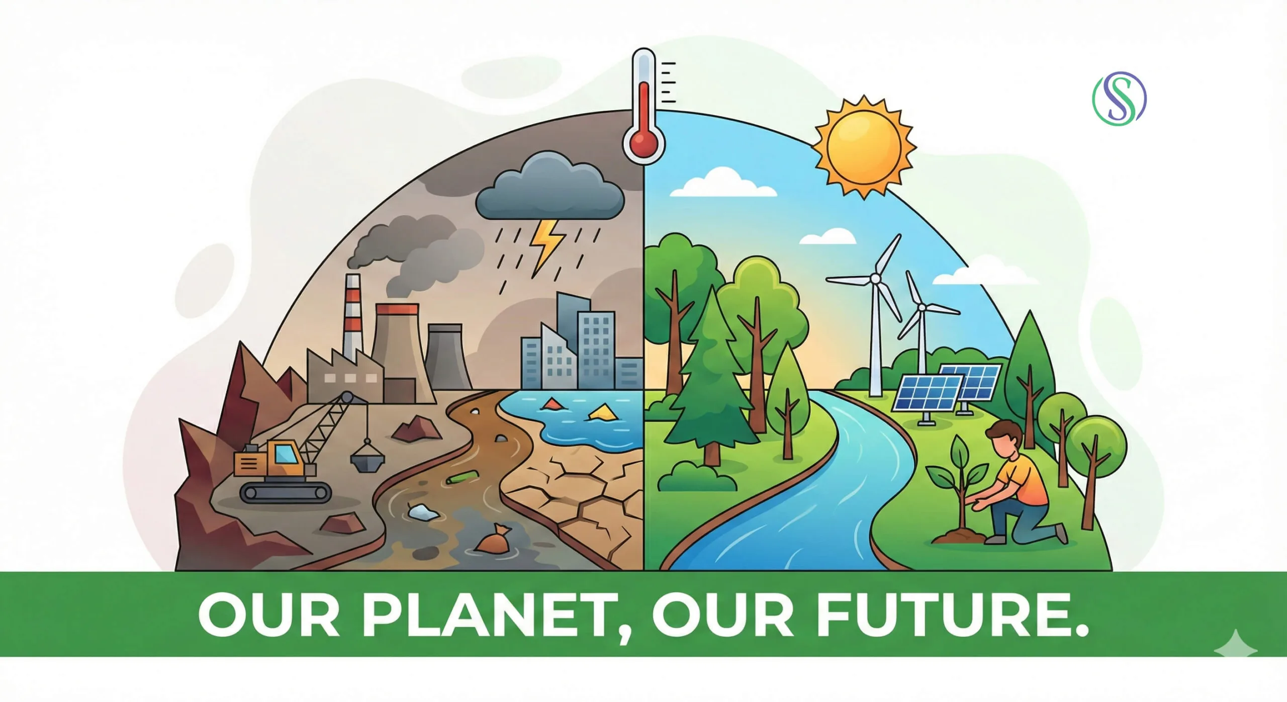 Illustration showing damaged and healthy environments side by side, highlighting the importance of the environment by Shail-Satya Foundation.