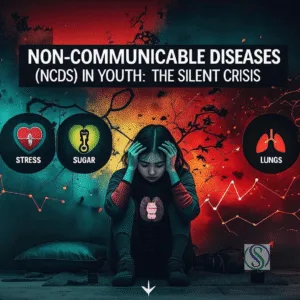 A young person’s split-scene portrait showing the contrast between stress and wellness — representing the rise of non-communicable diseases (NCDs) among youth in India.