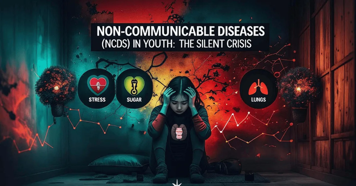 A young person sitting in distress between glowing icons for stress, sugar, and lungs — symbolizing the silent rise of non-communicable diseases (NCDs) in youth.