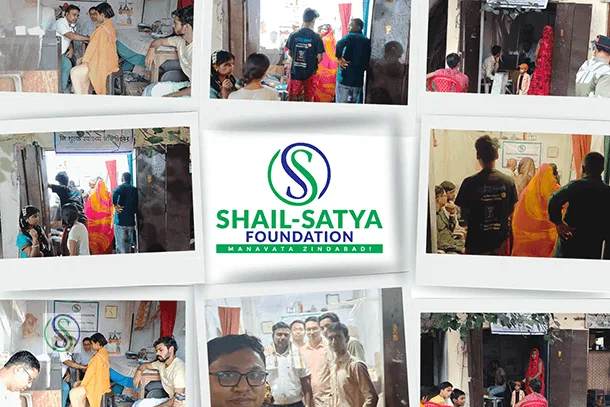 Shail-Satya Foundation team organizing a community health camp and awareness drive to promote physical and mental wellbeing among people in rural areas.