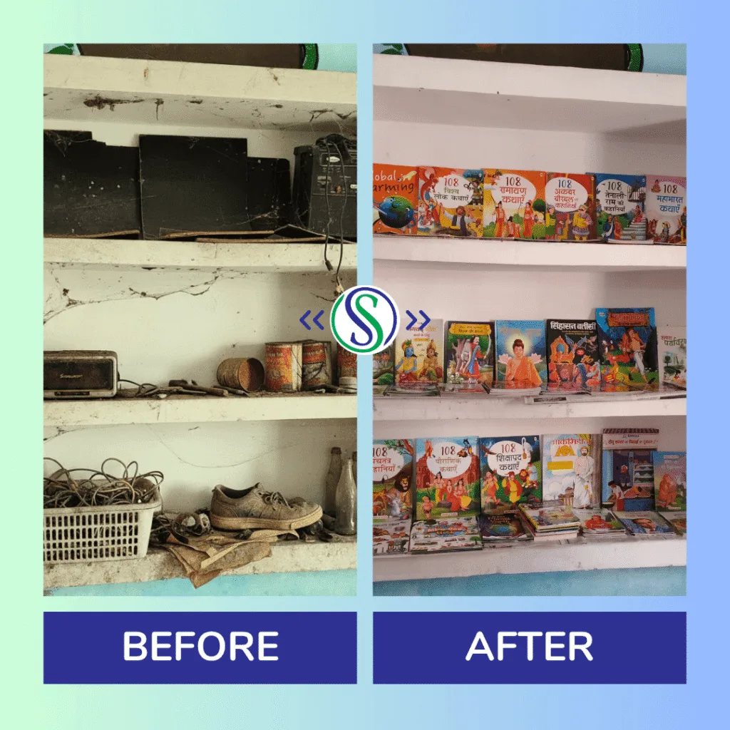Before and after transformation of a wall almirah into a library for the Dosti Kitabon Se campaign.
