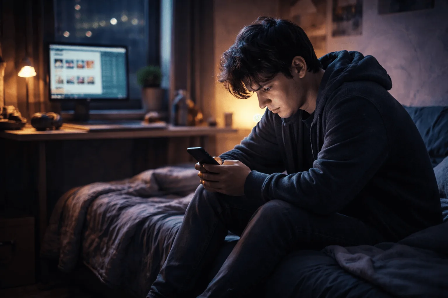Young man feeling lonely while scrolling social media at night, symbolizing pseudo happiness among youth