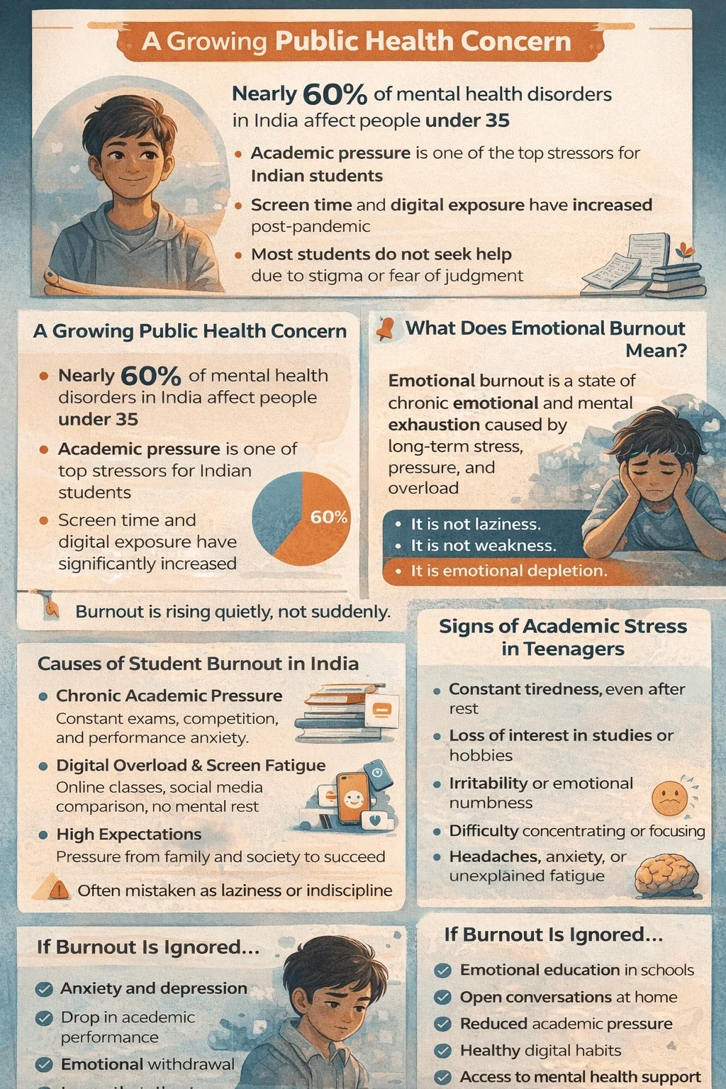 Infographic showing that 60% of mental health disorders affect Indian youth and how libraries reduce digital fatigue.