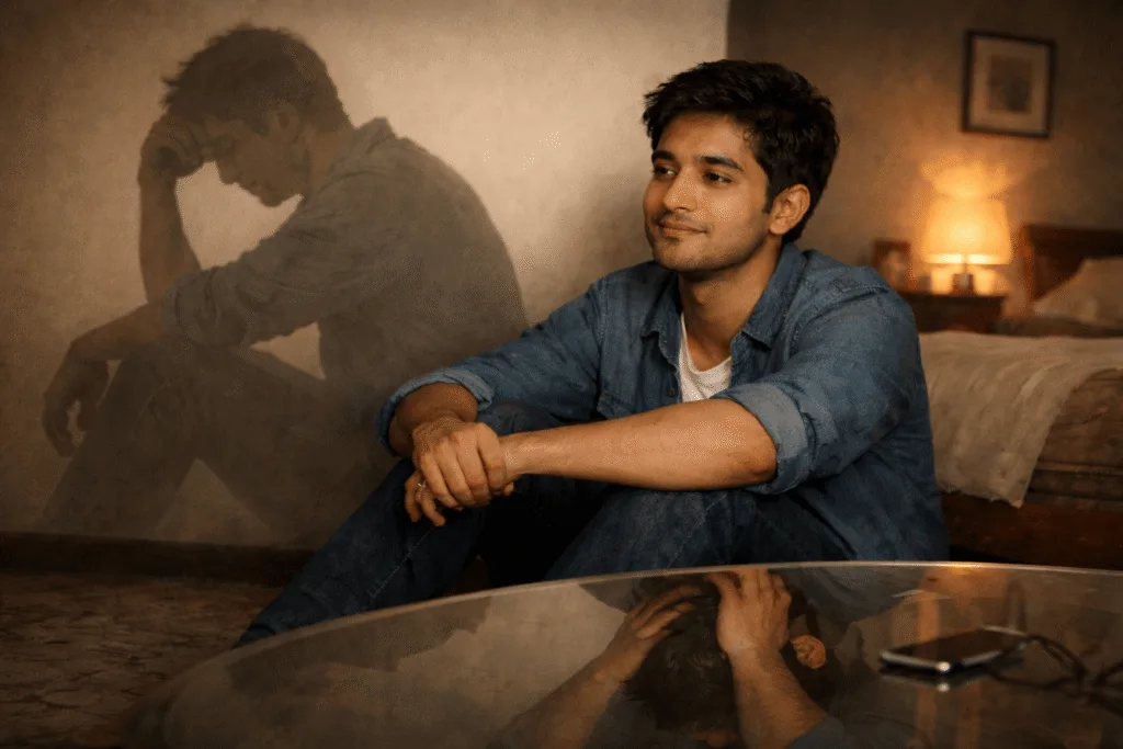 A smiling Indian student reading a book in a sun-lit library, representing community strength and empowerment.