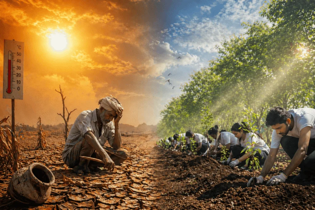 El Niño 2026 effects in India showing drought and tree plantation as a climate solution