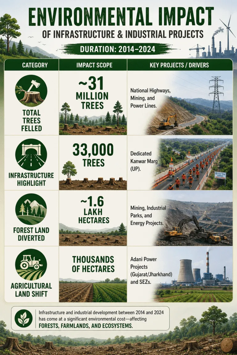 Infographic showing 31 million trees cut in India since 2014, 1.73 lakh hectares of forest land diverted, and a map highlighting that 98 of the world's top 100 hottest cities are in India.